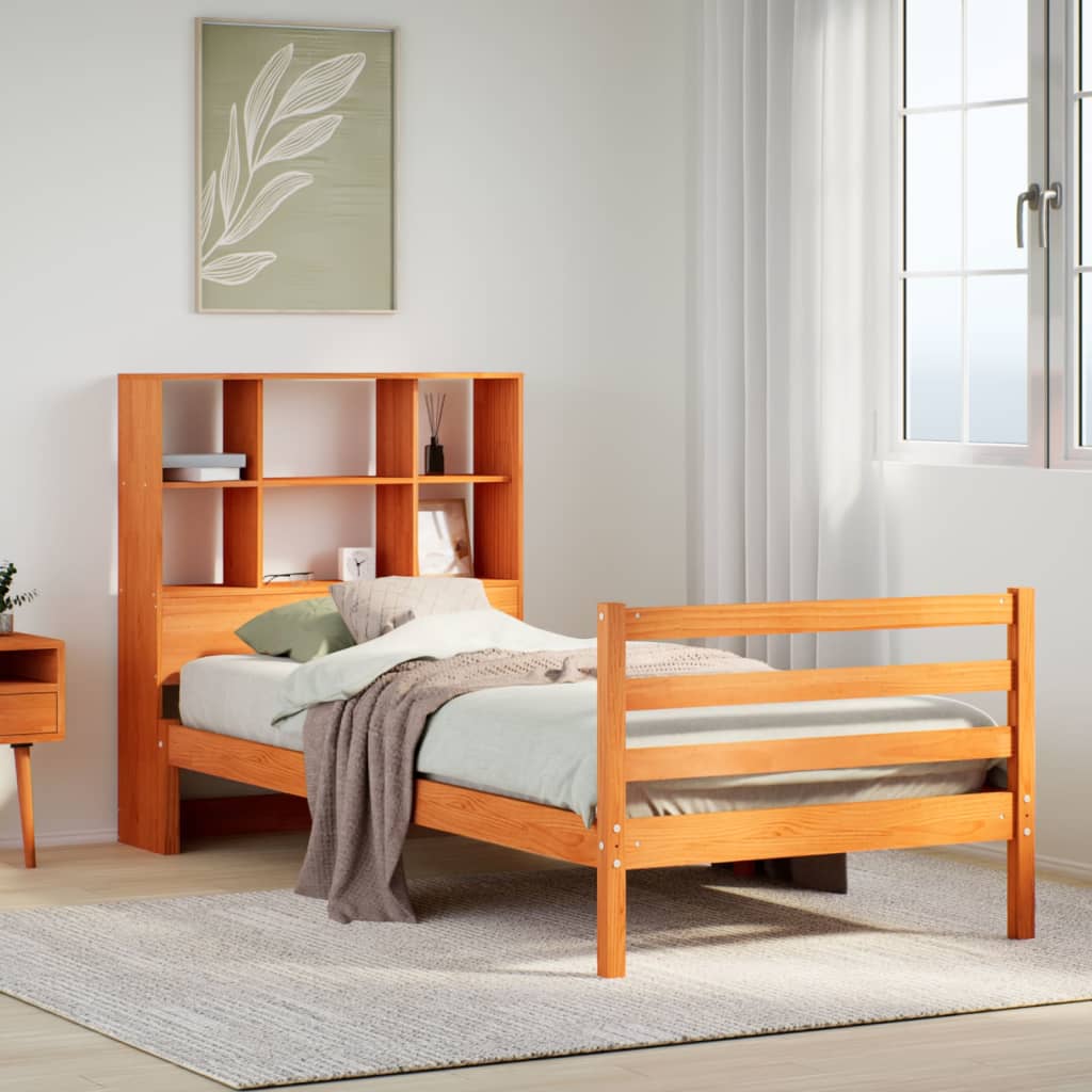 Lit bibliothèque sans matelas cire marron 75x190 cm bois massif - XIOS