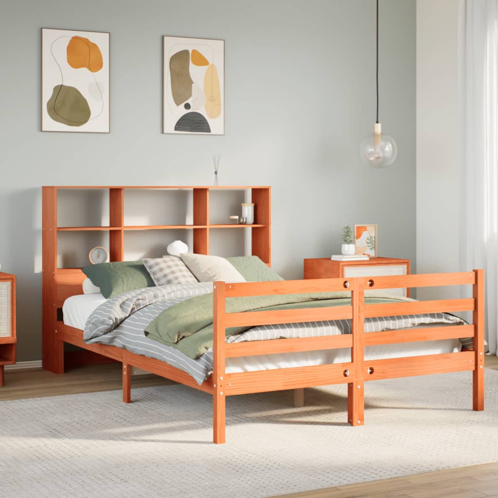 Lit bibliothèque sans matelas cire marron 120x200cm bois massif - XIOS