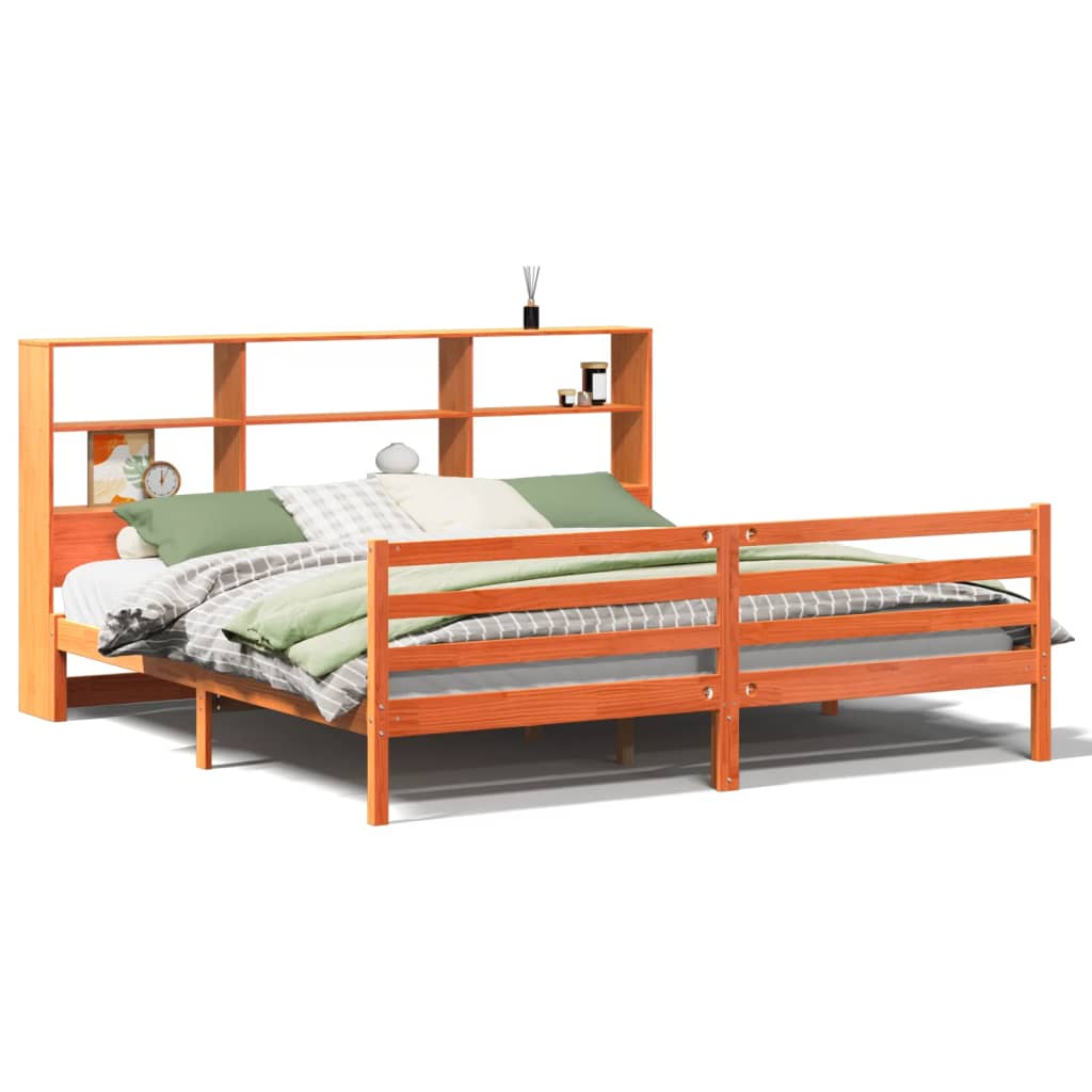 Lit bibliothèque sans matelas cire marron 180x200cm bois massif - XIOS