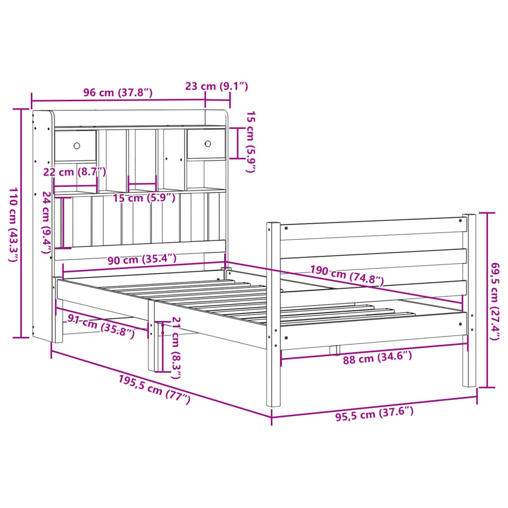 Lit bibliothèque sans matelas 90x190 cm bois de pin massif - XIOS