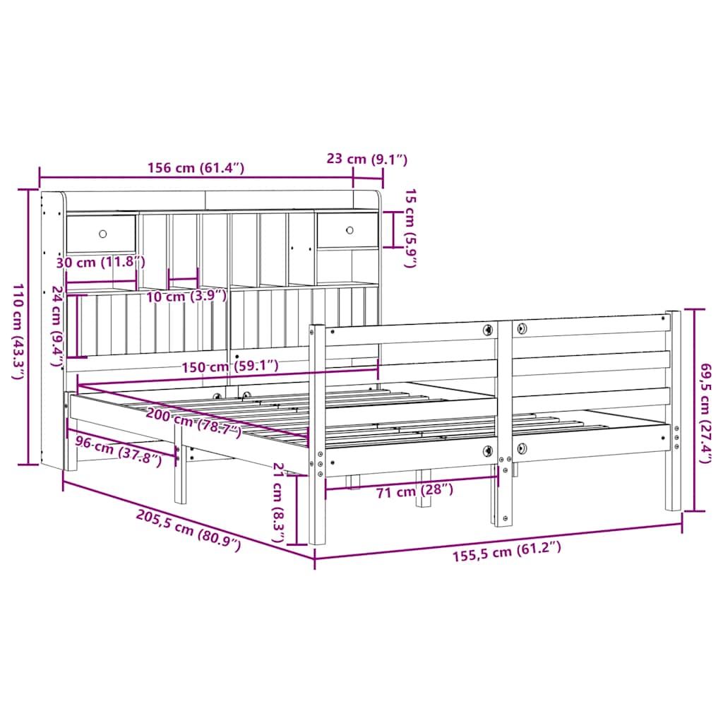 Lit bibliothèque sans matelas blanc 150x200 cm bois pin massif