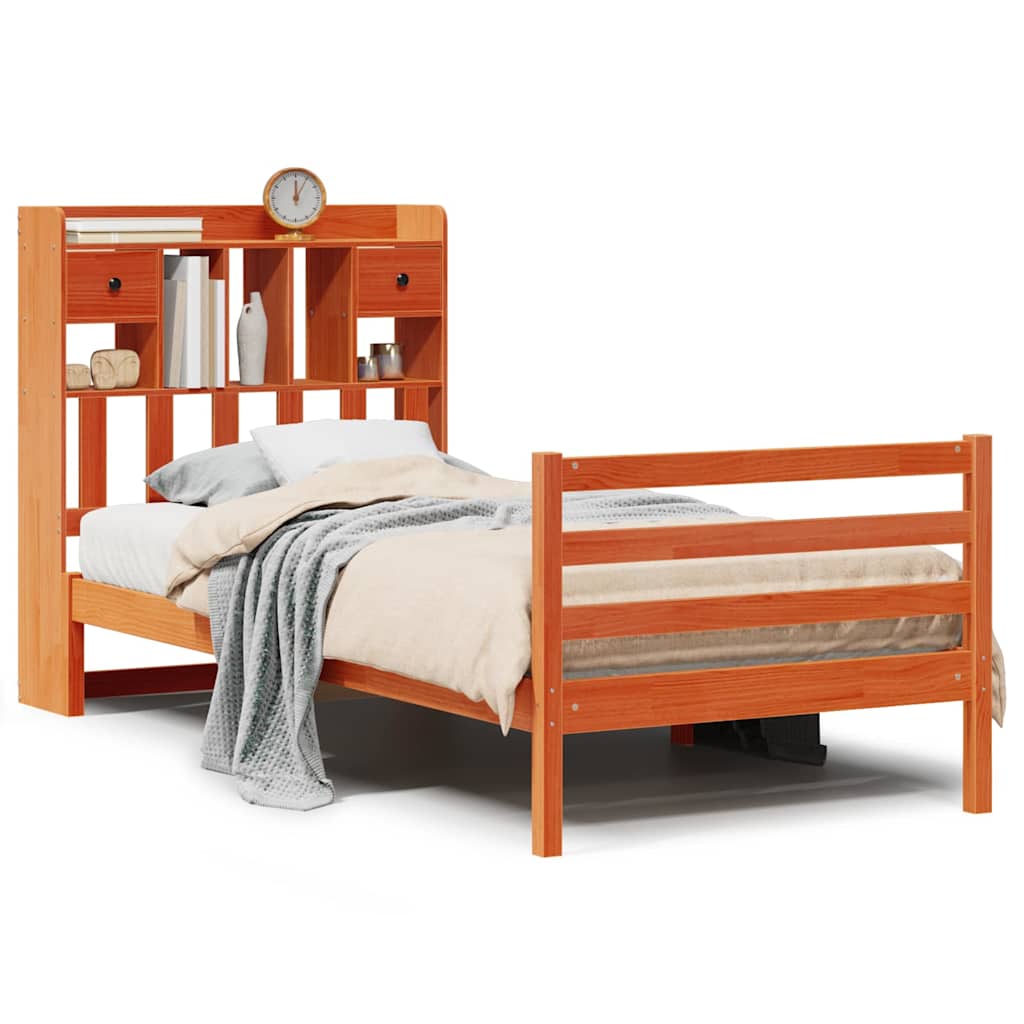 Lit bibliothèque sans matelas cire marron 75x190 cm pin massif - XIOS