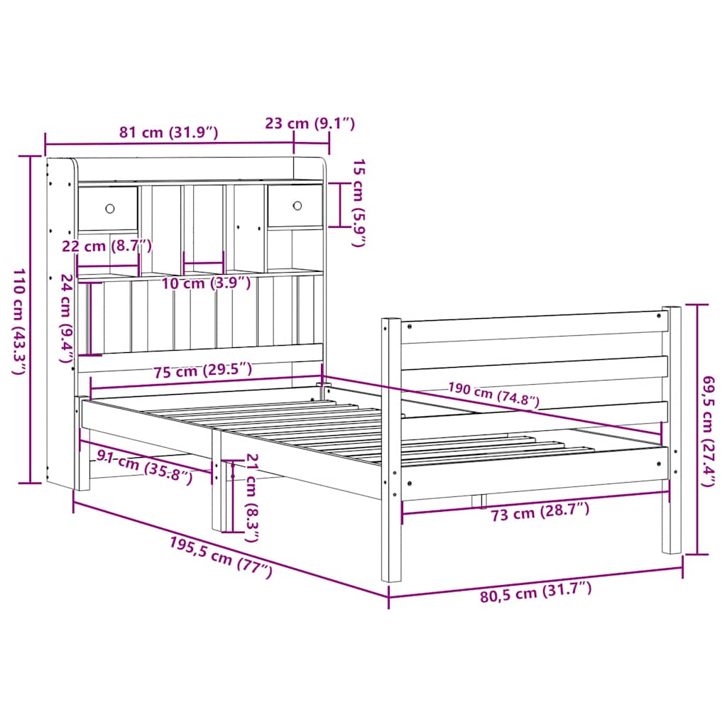 Lit bibliothèque sans matelas cire marron 75x190 cm pin massif - XIOS