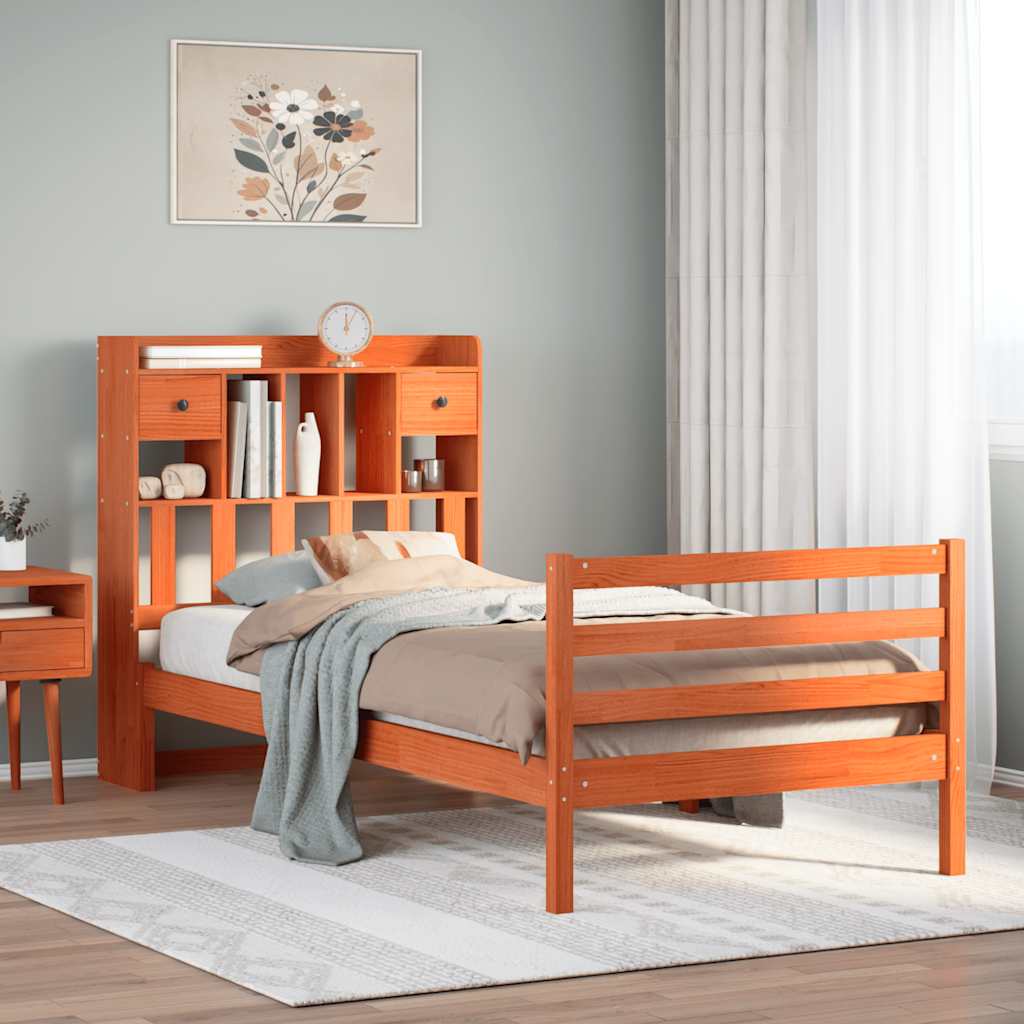 Lit bibliothèque sans matelas cire marron 75x190 cm pin massif - XIOS