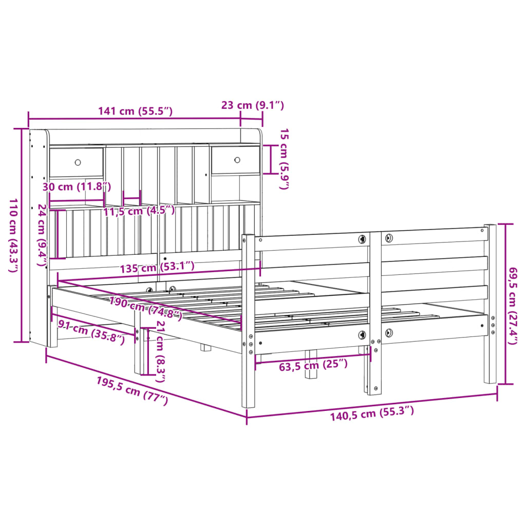 Lit bibliothèque sans matelas cire marron 135x190 cm pin massif