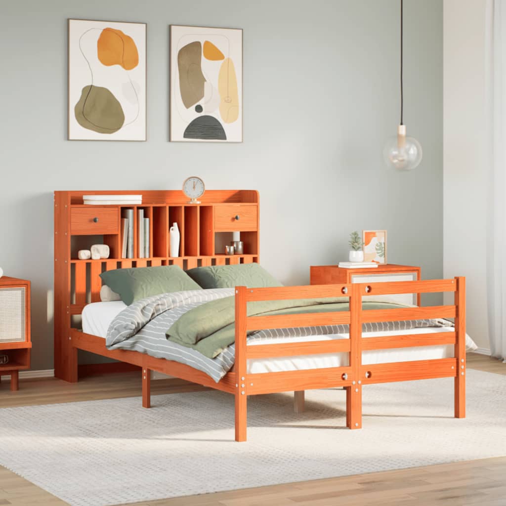 Lit bibliothèque sans matelas cire marron 135x190 cm pin massif