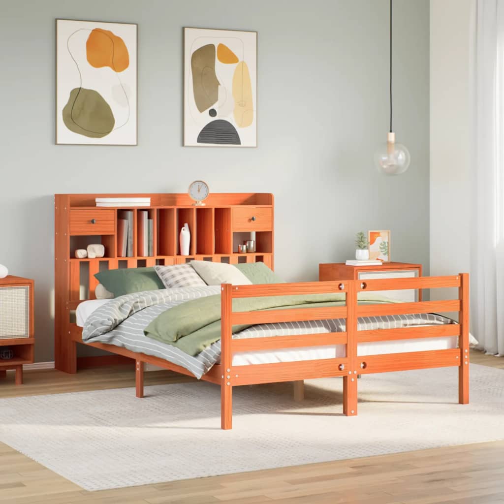 Lit bibliothèque sans matelas cire marron 150x200 cm pin massif - XIOS