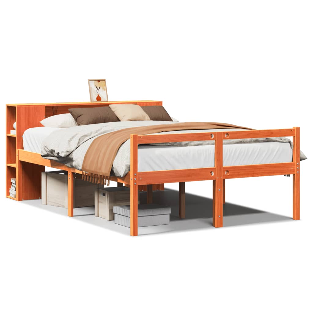 Lit bibliothèque sans matelas cire marron 135x190cm bois massif - XIOS