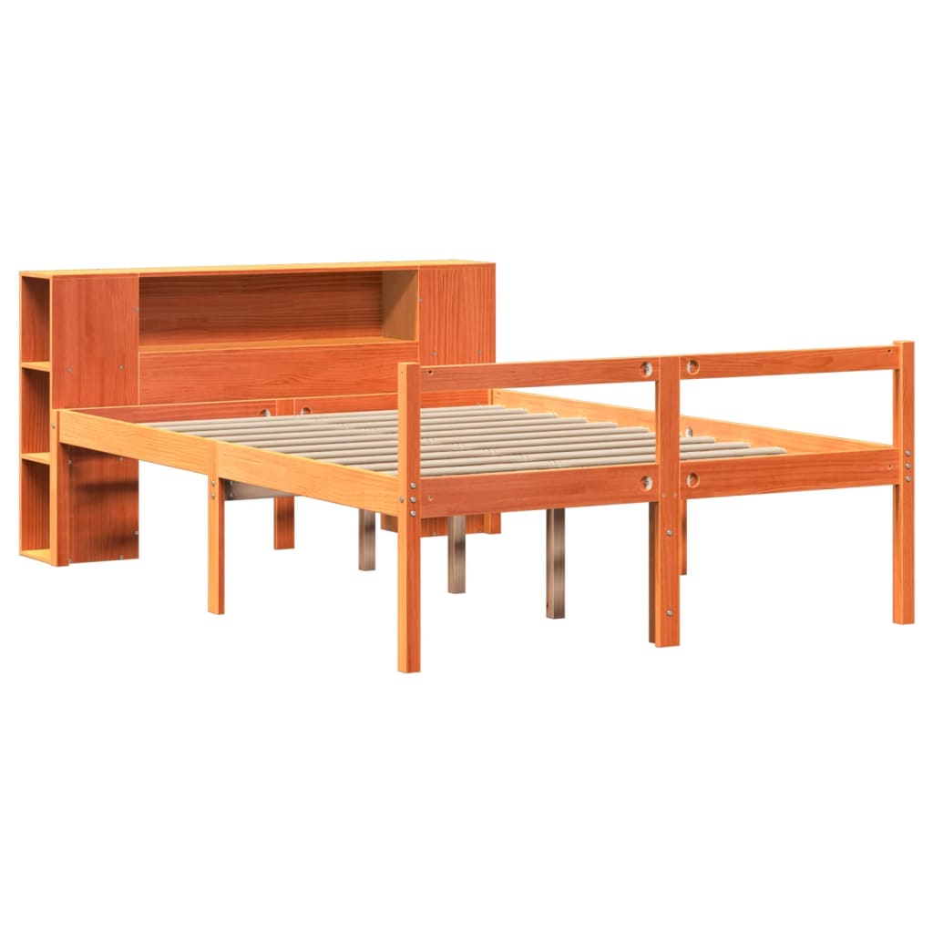 Lit bibliothèque sans matelas cire marron 135x190cm bois massif - XIOS