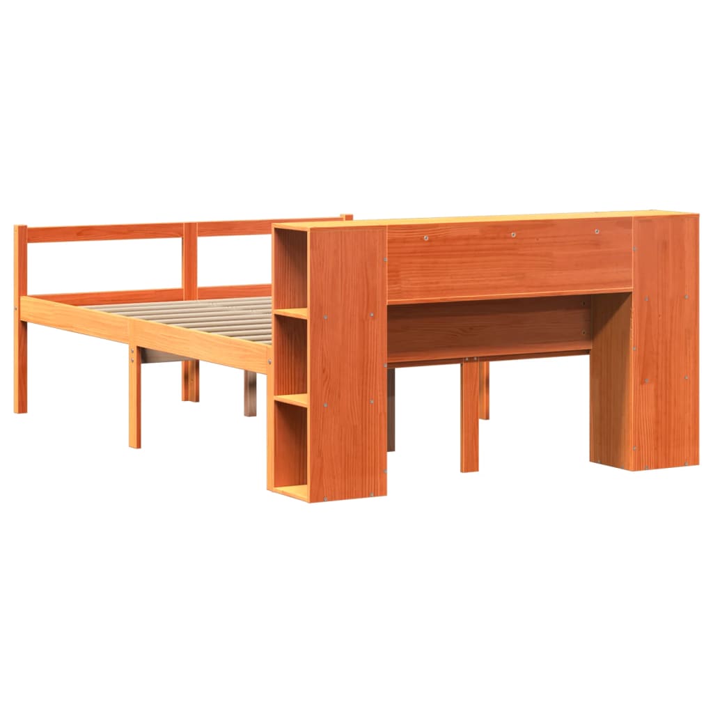 Lit bibliothèque sans matelas cire marron 135x190cm bois massif - XIOS