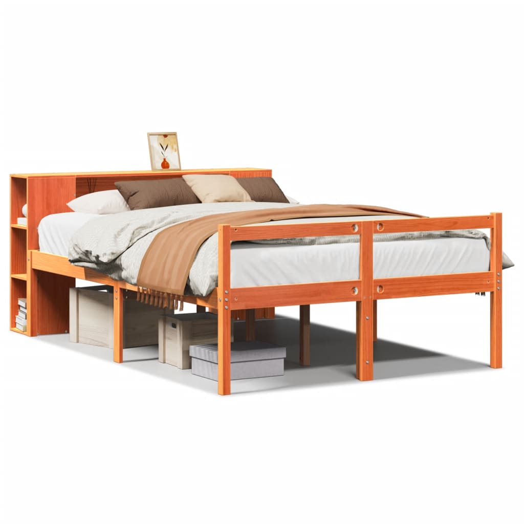 Lit bibliothèque sans matelas cire marron 150x200cm bois massif - XIOS