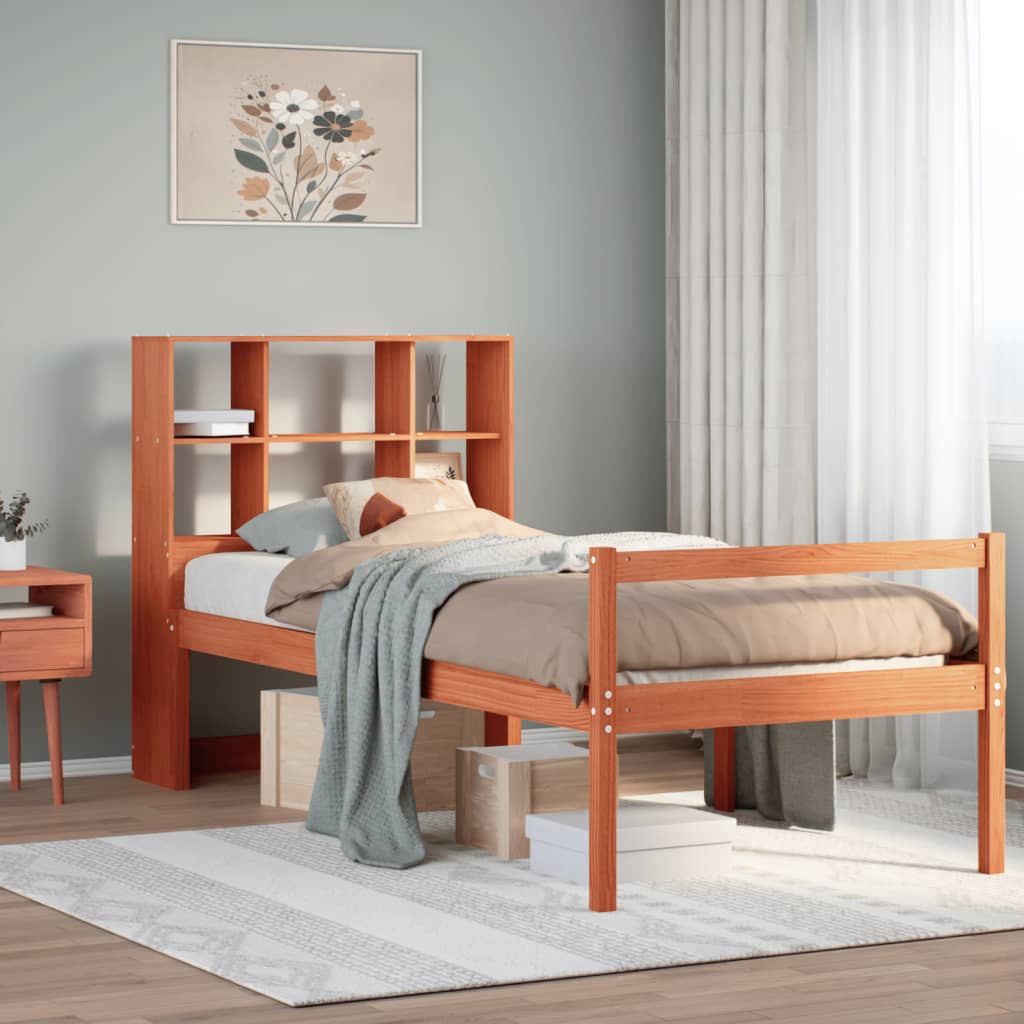 Lit bibliothèque sans matelas cire marron 75x190 cm bois massif - XIOS