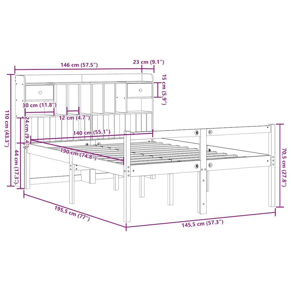 Lit bibliothèque sans matelas 140x190 cm bois de pin massif - XIOS