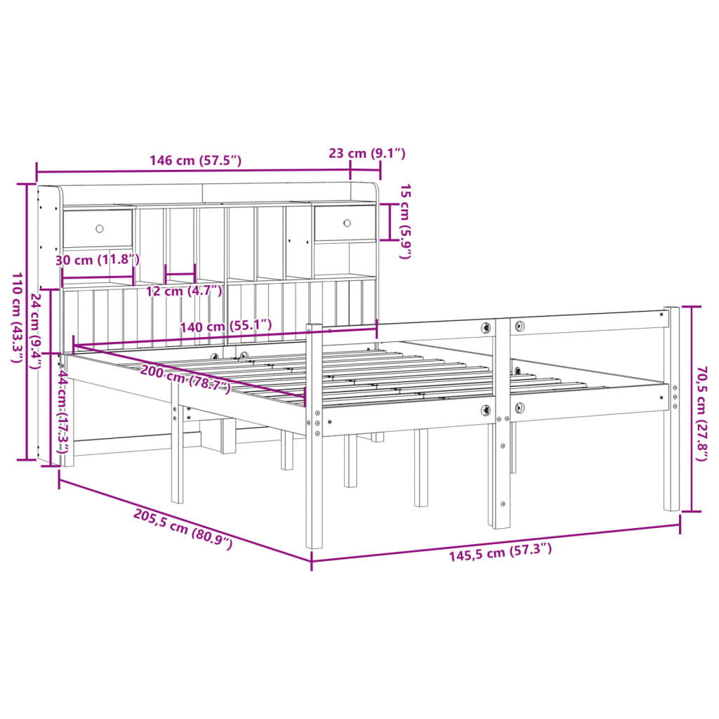 Lit bibliothèque sans matelas blanc 140x200 cm bois pin massif - XIOS