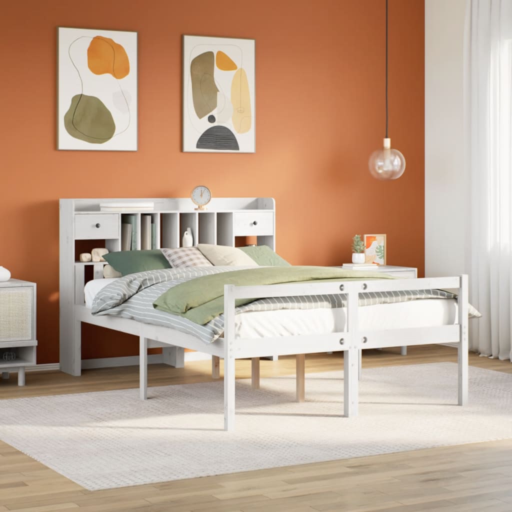 Lit bibliothèque sans matelas blanc 140x200 cm bois pin massif - XIOS