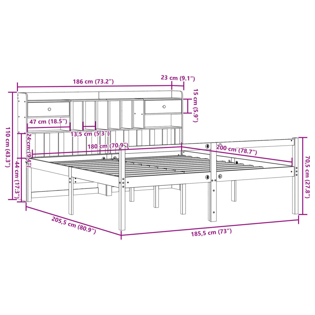 Lit bibliothèque sans matelas blanc 180x200 cm bois pin massif - XIOS