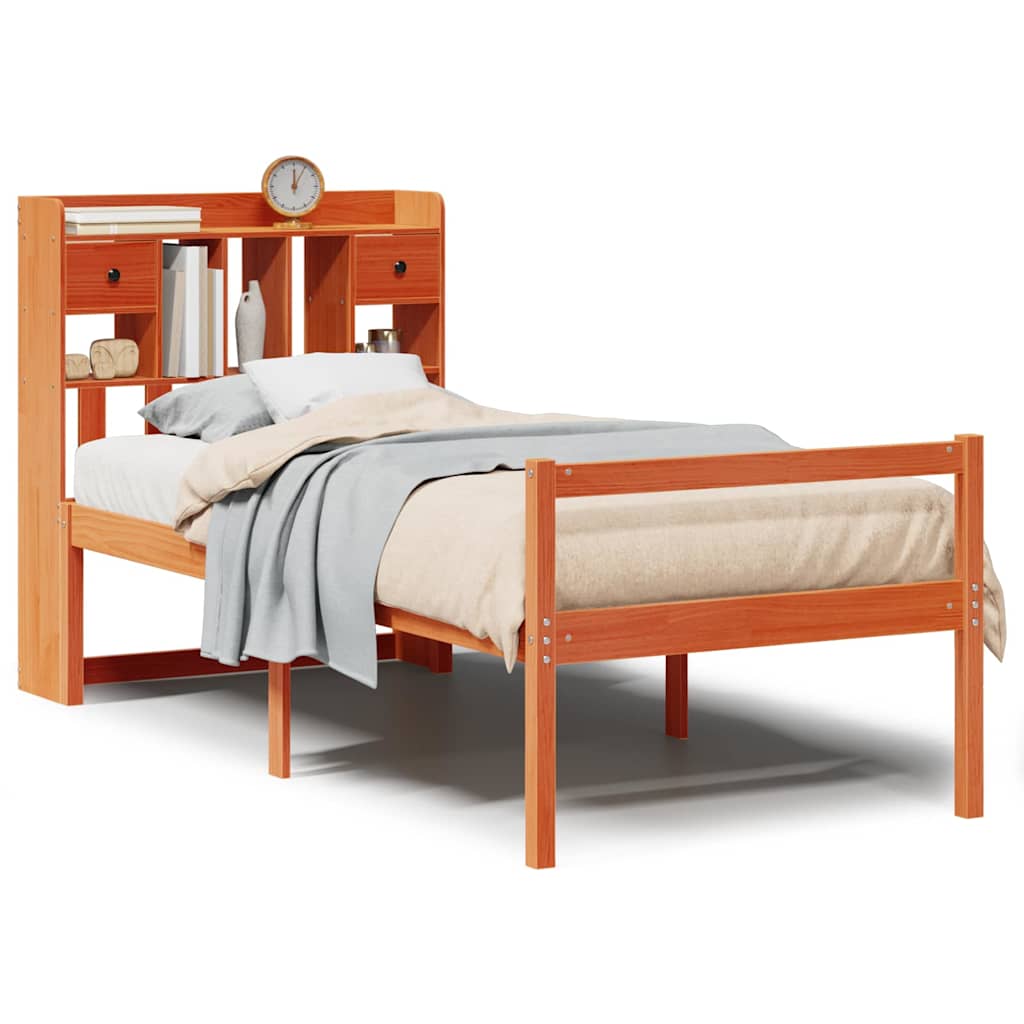 Lit bibliothèque sans matelas cire marron 75x190 cm pin massif - XIOS