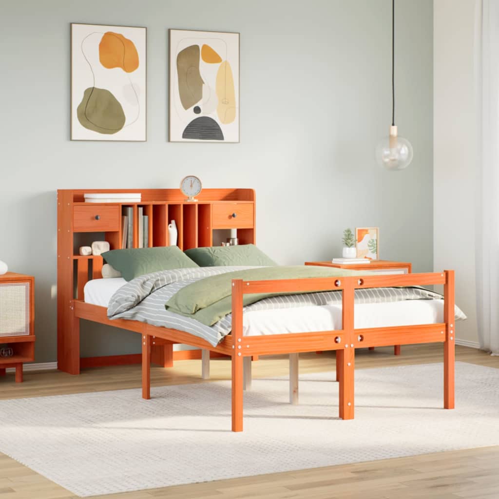 Lit bibliothèque sans matelas cire marron 135x190 cm pin massif - XIOS