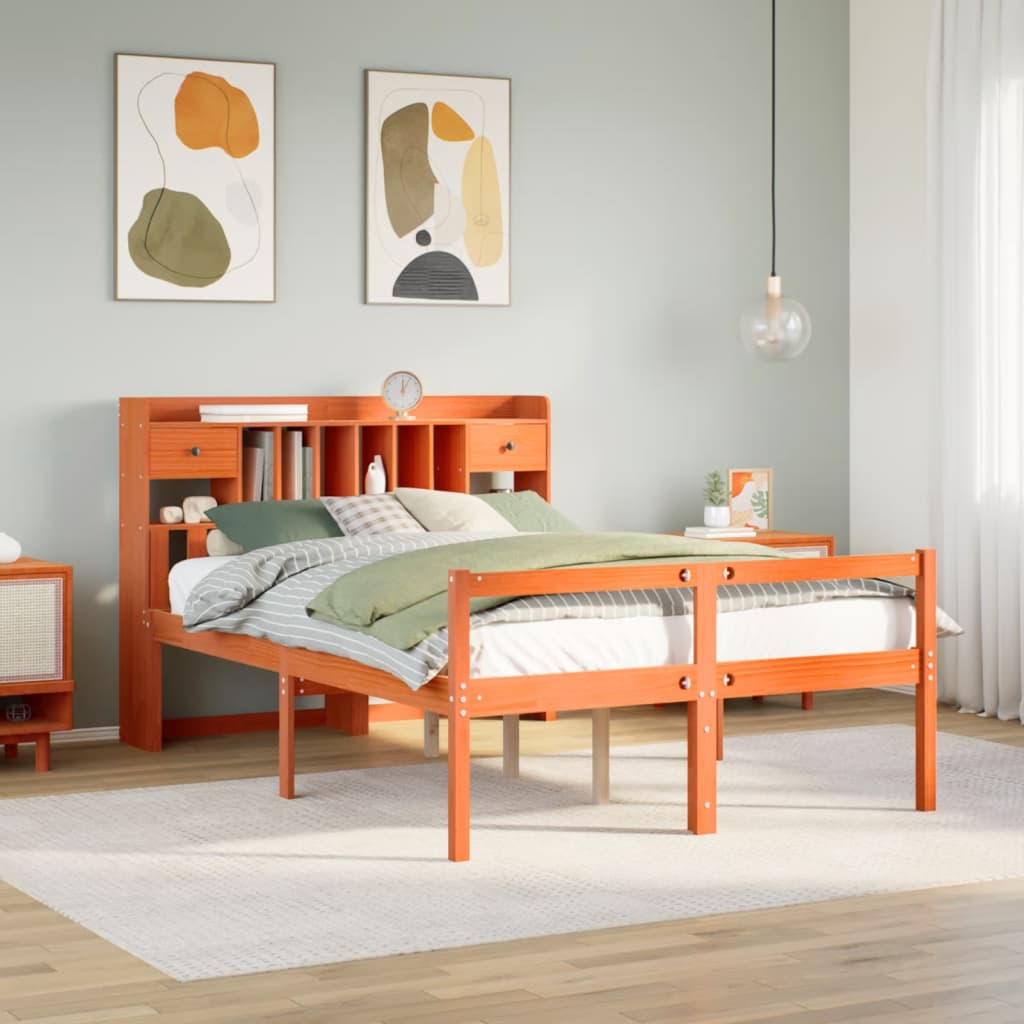 Lit bibliothèque sans matelas cire marron 150x200 cm pin massif - XIOS
