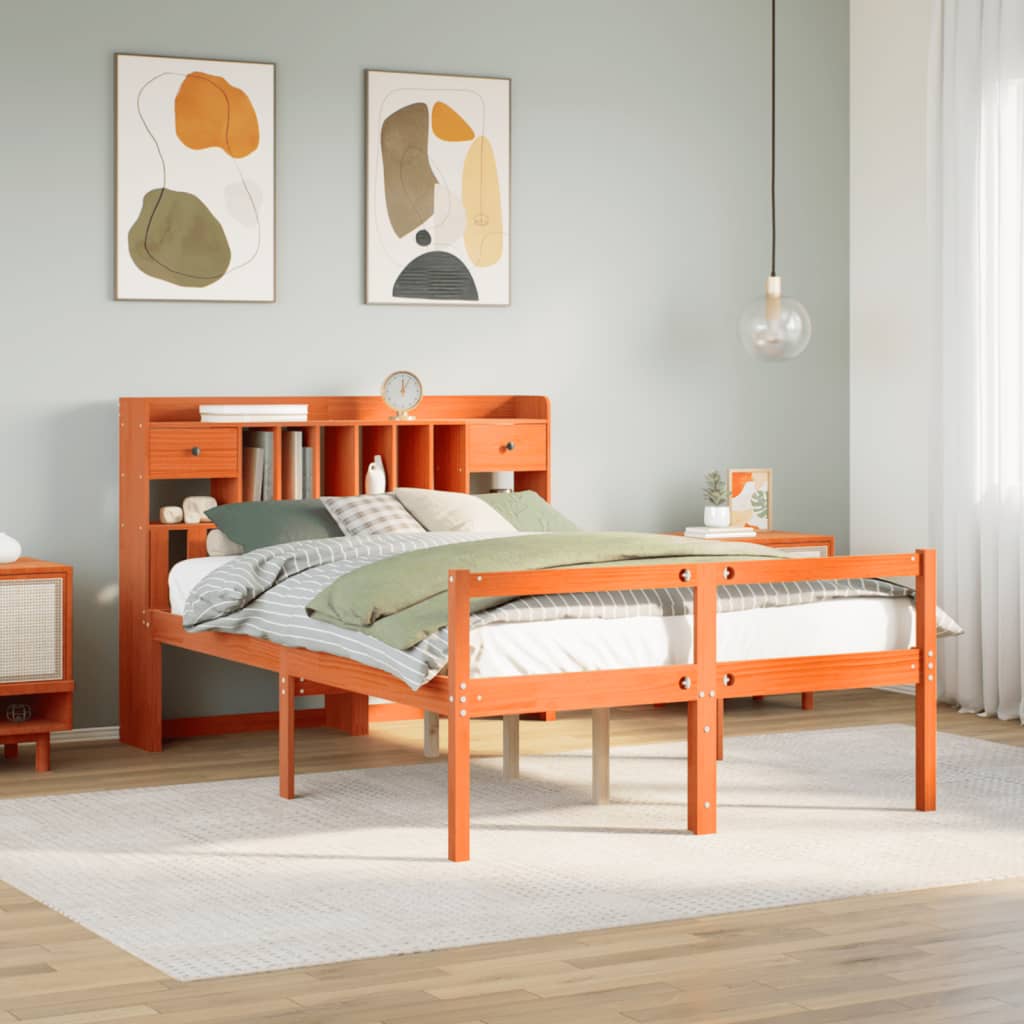 Lit bibliothèque sans matelas cire marron 160x200 cm pin massif - XIOS
