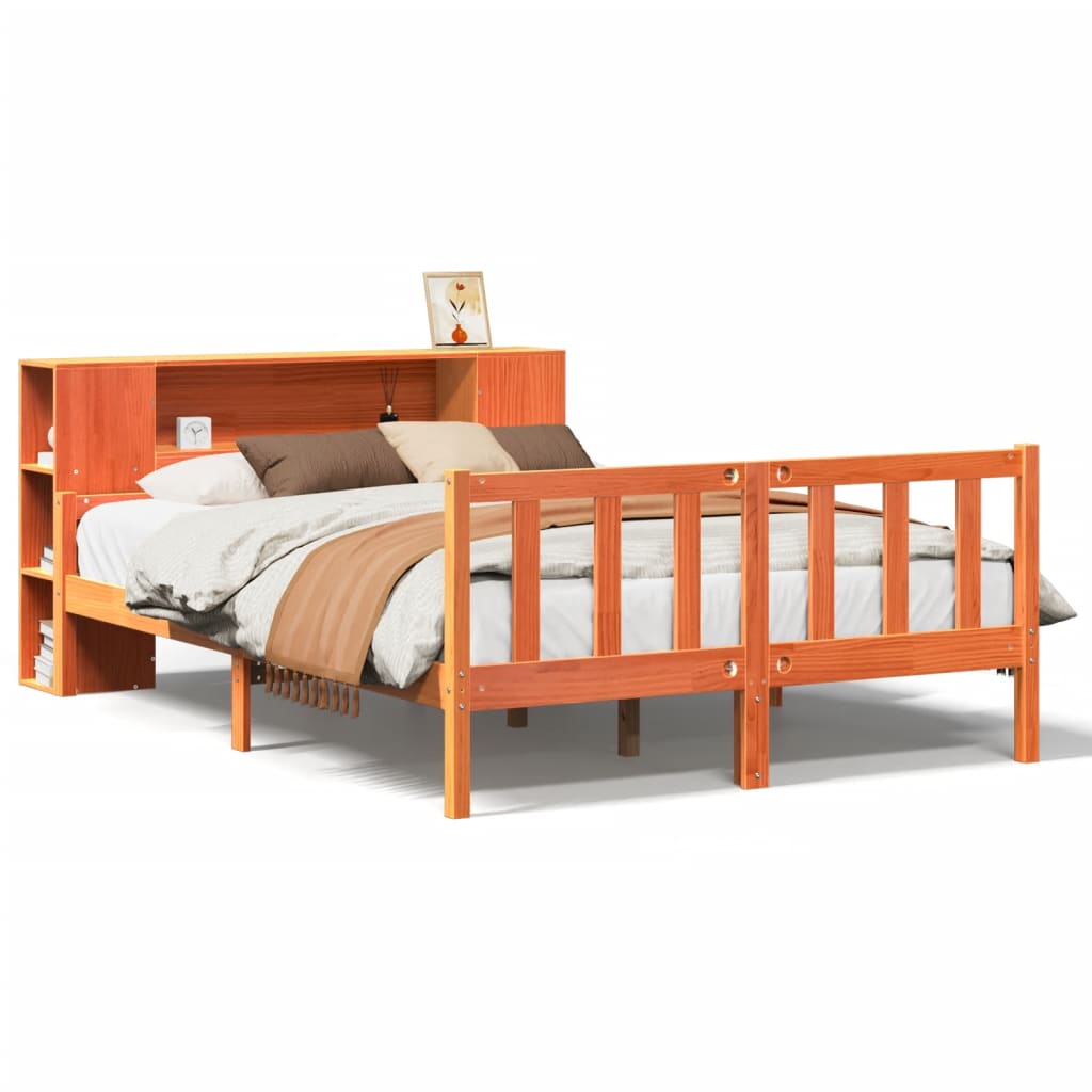 Lit bibliothèque sans matelas cire marron 150x200cm bois massif - XIOS