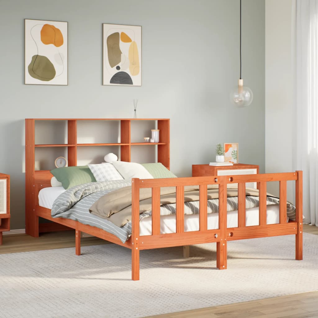 Lit bibliothèque sans matelas cire marron 150x200cm bois massif - XIOS