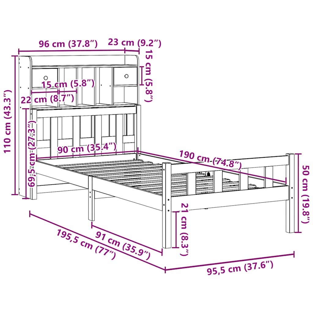 Lit bibliothèque sans matelas 90x190 cm bois de pin massif - XIOS