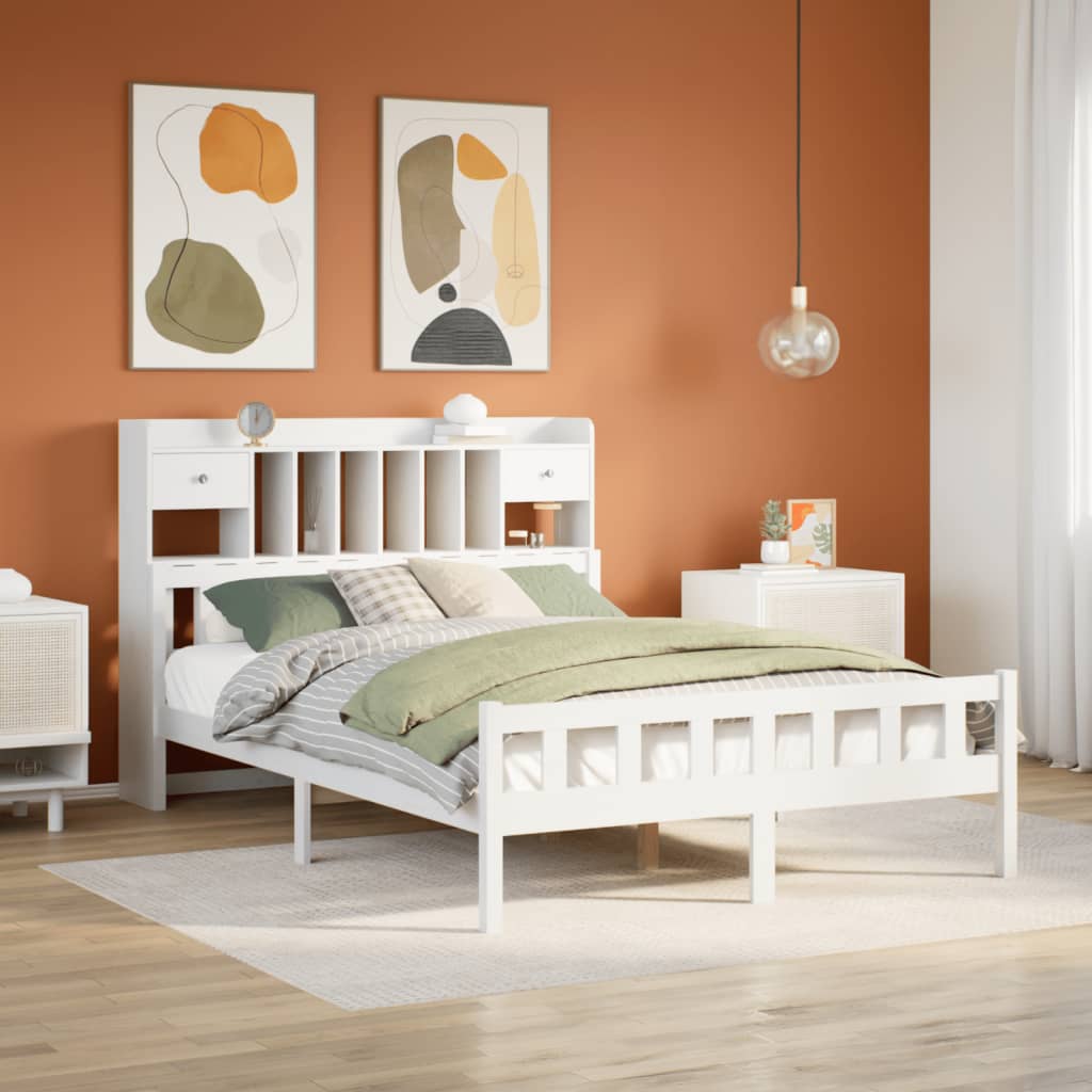 Lit bibliothèque sans matelas blanc 150x200 cm bois pin massif - XIOS