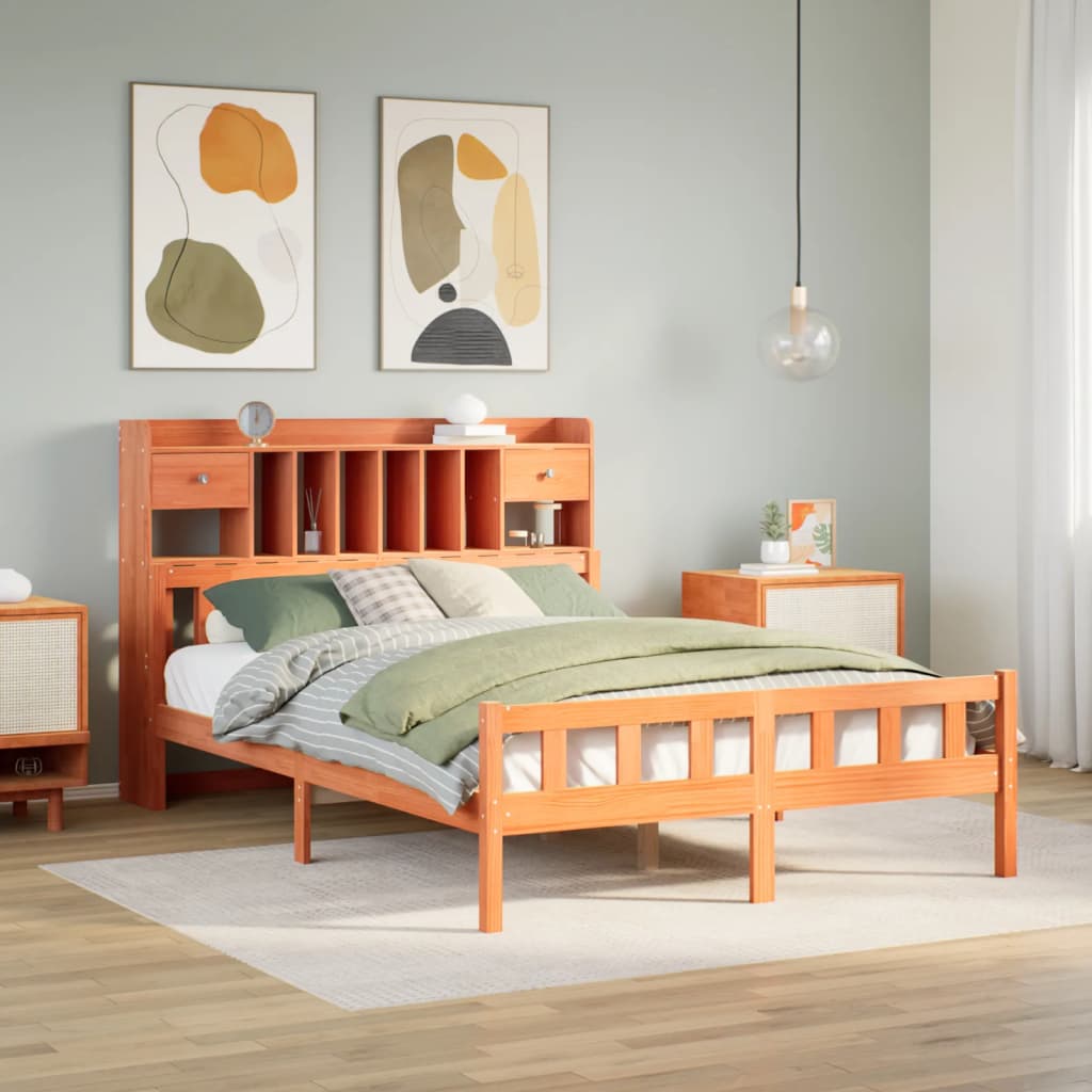 Lit bibliothèque sans matelas cire marron 150x200 cm pin massif - XIOS