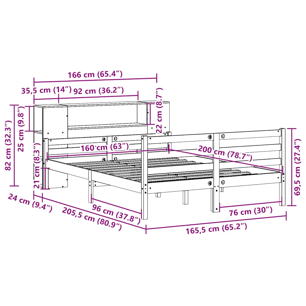 Lit bibliothèque sans matelas 160x200 cm bois massif de pin - XIOS