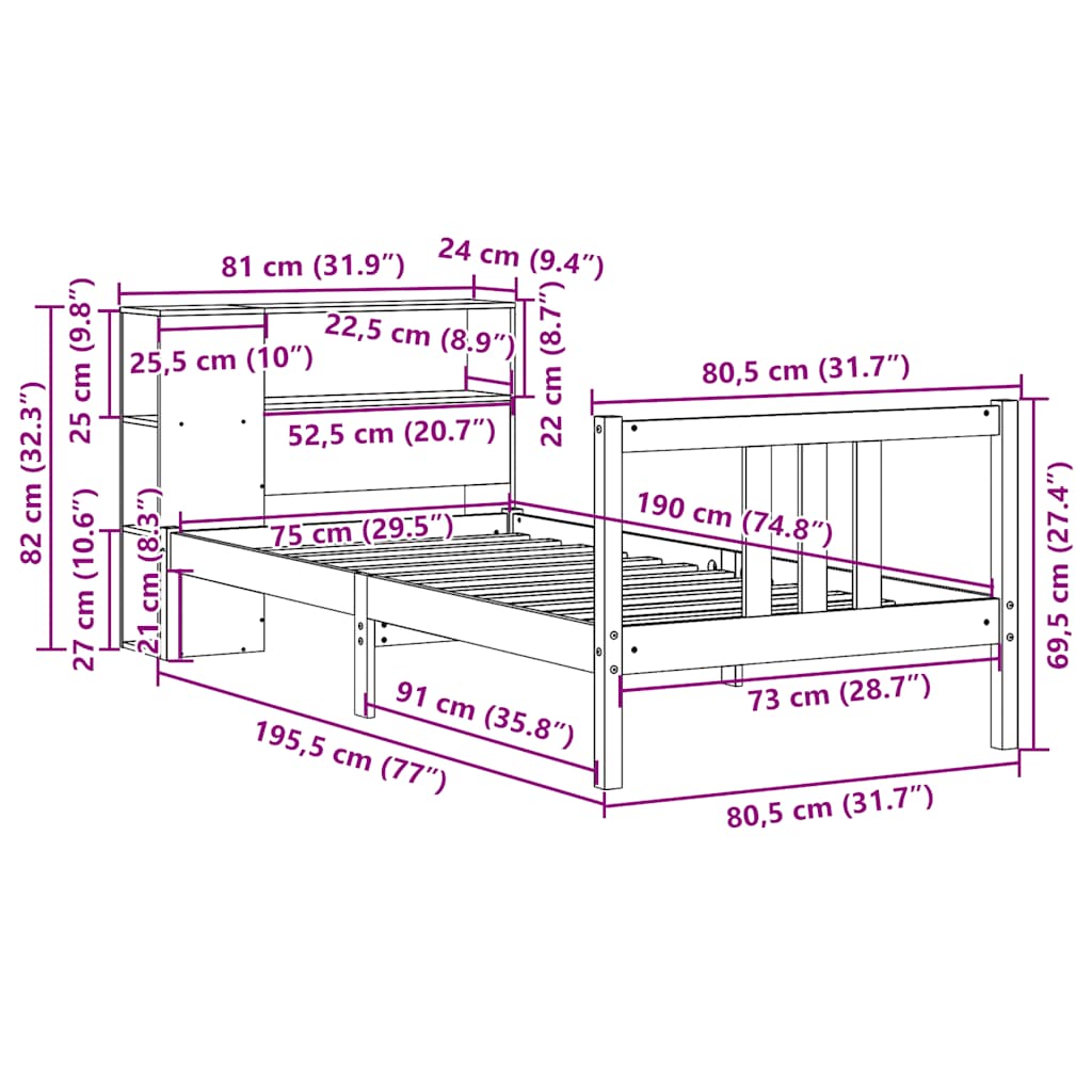 Lit bibliothèque sans matelas 75x190 cm bois de pin massif - XIOS