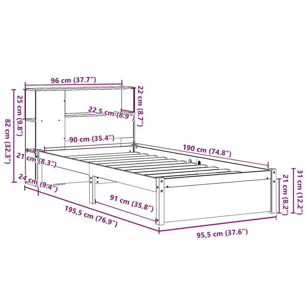 Lit bibliothèque sans matelas blanc 90x190cm bois de pin massif - XIOS