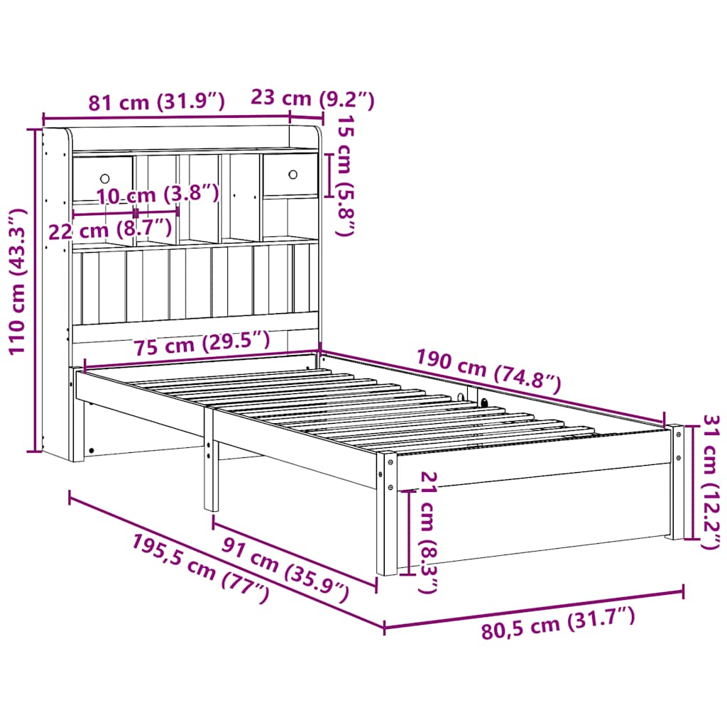 Lit bibliothèque sans matelas 75x190 cm bois de pin massif - XIOS