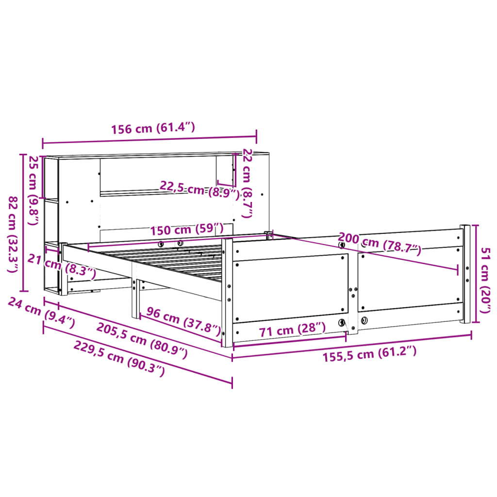 Lit bibliothèque sans matelas blanc 150x200 cm bois pin massif - XIOS