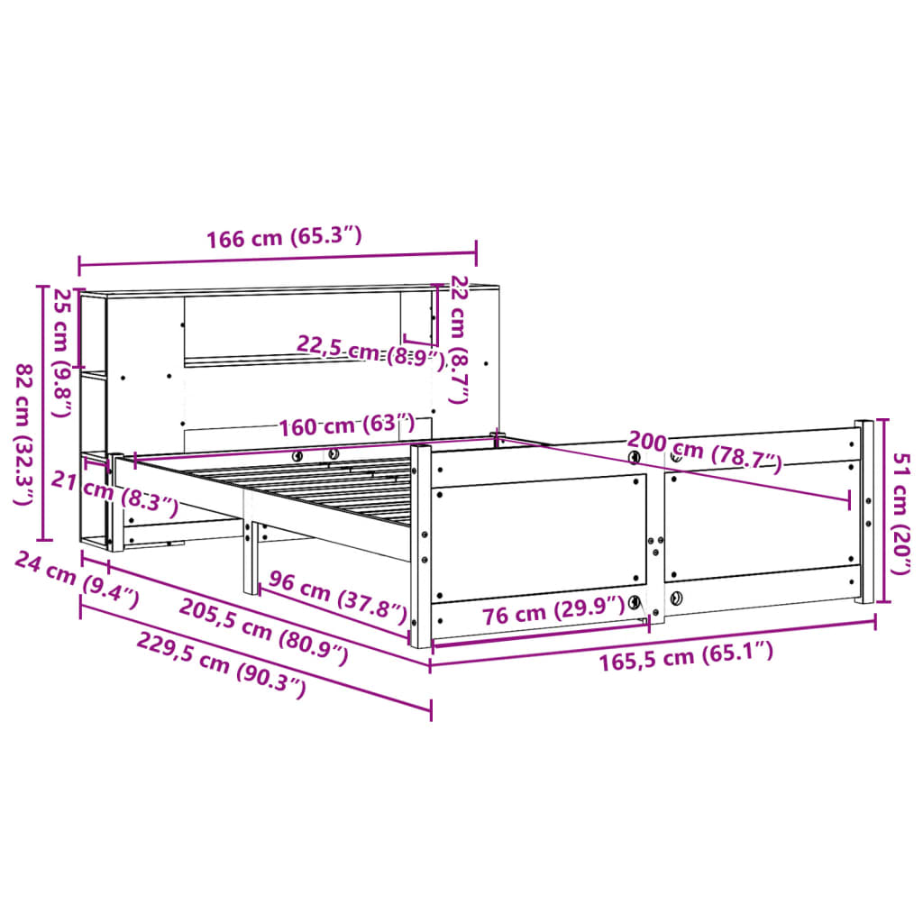 Lit bibliothèque sans matelas 160x200 cm bois massif de pin - XIOS