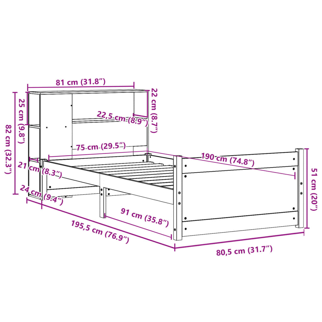 Lit bibliothèque sans matelas 75x190 cm bois de pin massif - XIOS
