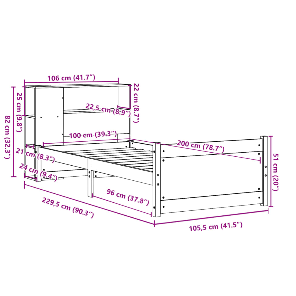 Lit bibliothèque sans matelas 100x200 cm bois massif de pin - XIOS