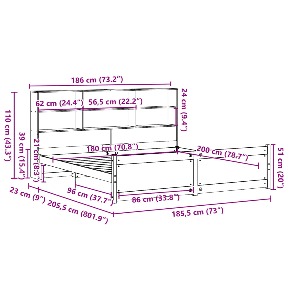 Lit bibliothèque sans matelas 180x200 cm bois massif de pin - XIOS