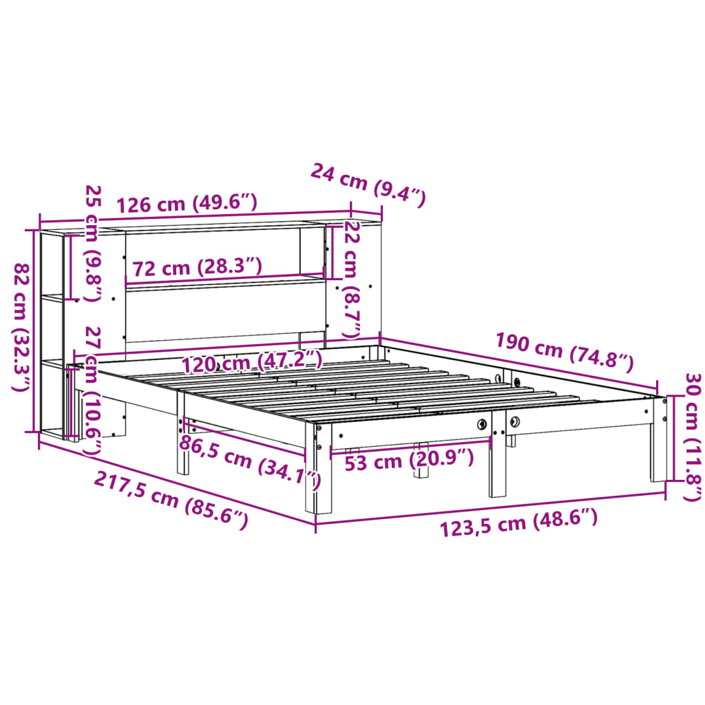 Lit bibliothèque sans matelas 120x190 cm bois de pin massif - XIOS
