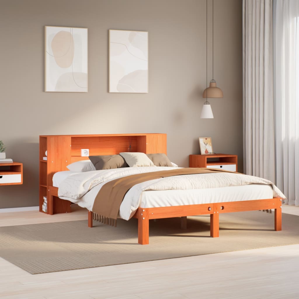 Lit bibliothèque sans matelas cire marron 140x200 cm pin massif - XIOS