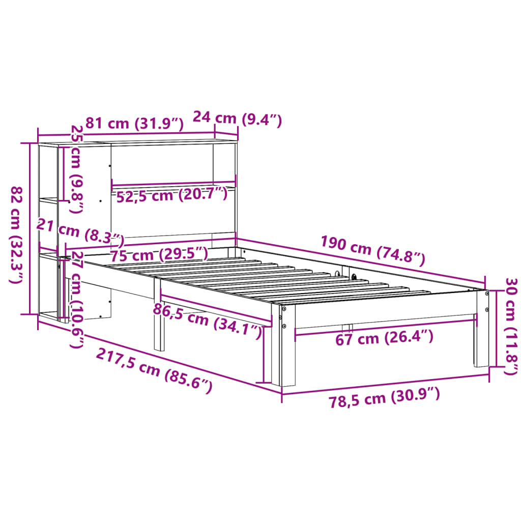 Lit bibliothèque sans matelas 75x190 cm bois de pin massif - XIOS