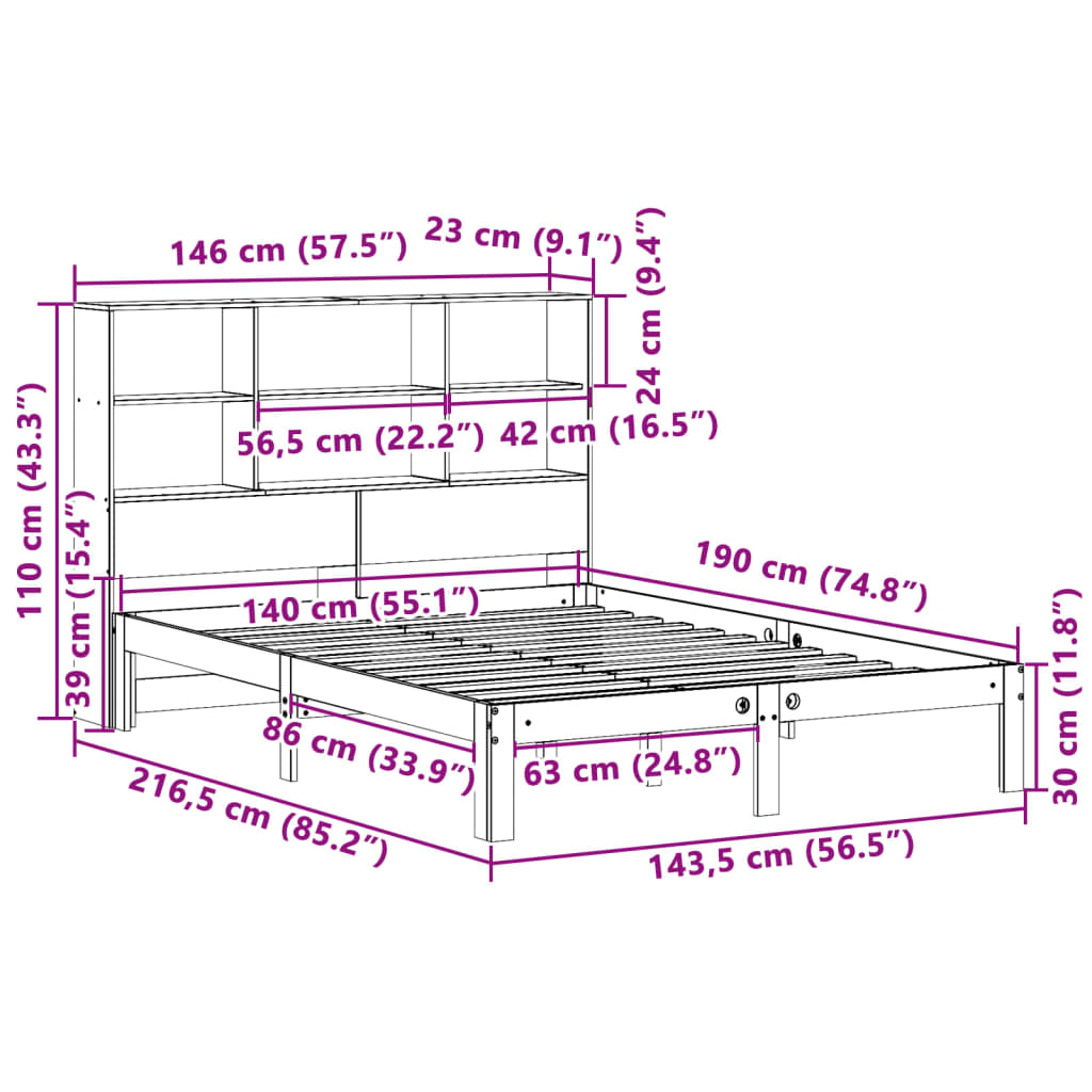 Lit bibliothèque sans matelas 140x190 cm bois de pin massif - XIOS