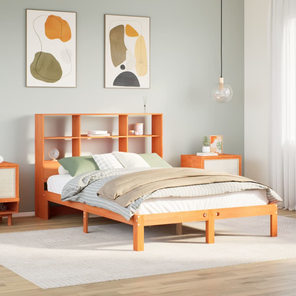 Lit bibliothèque sans matelas cire marron 120x190cm pin massif - XIOS