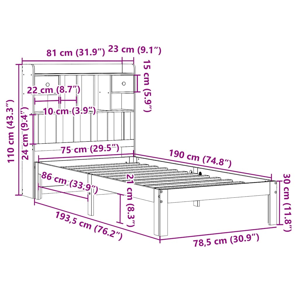 Lit bibliothèque sans matelas blanc 75x190cm bois de pin massif - XIOS