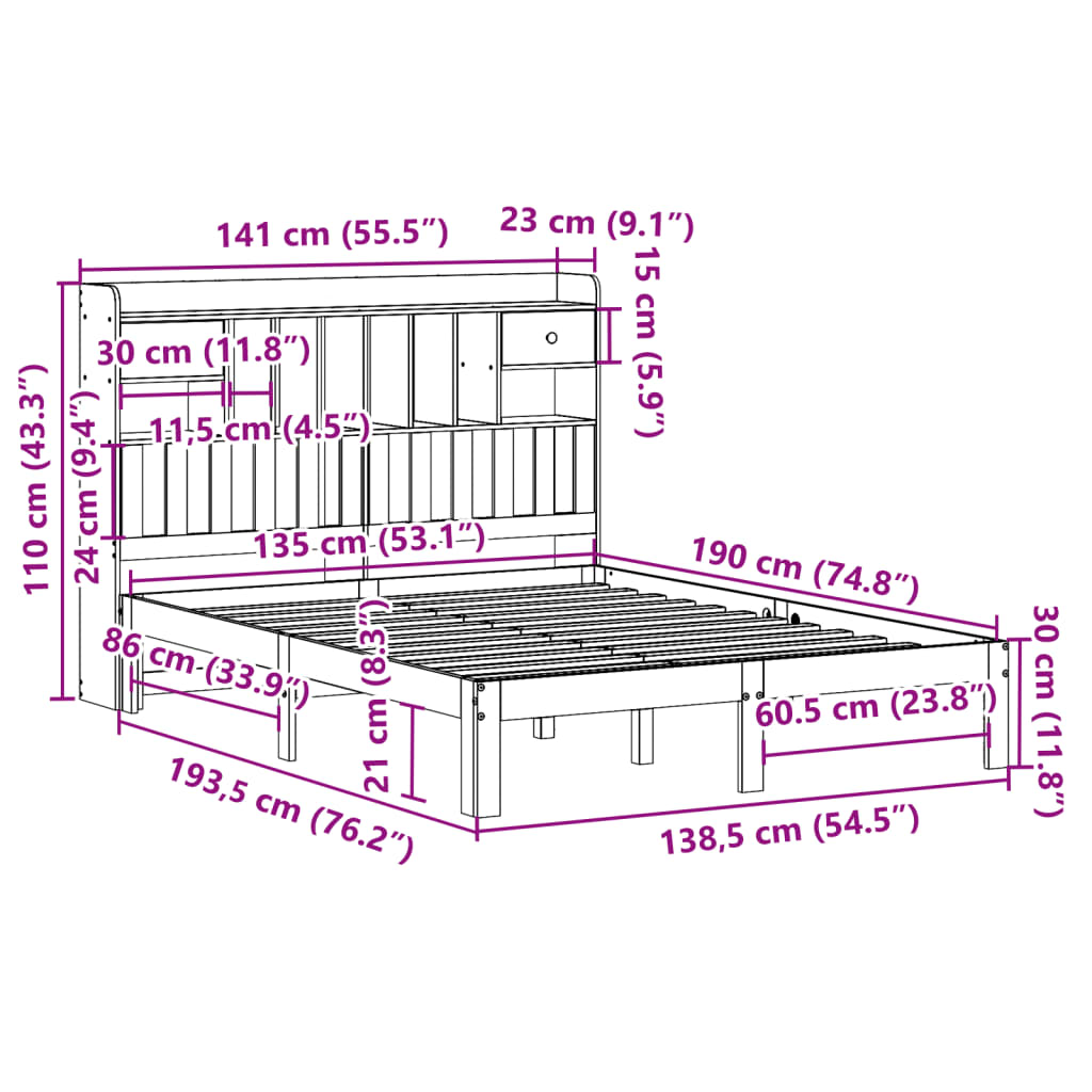 Lit bibliothèque sans matelas 135x190 cm bois de pin massif - XIOS