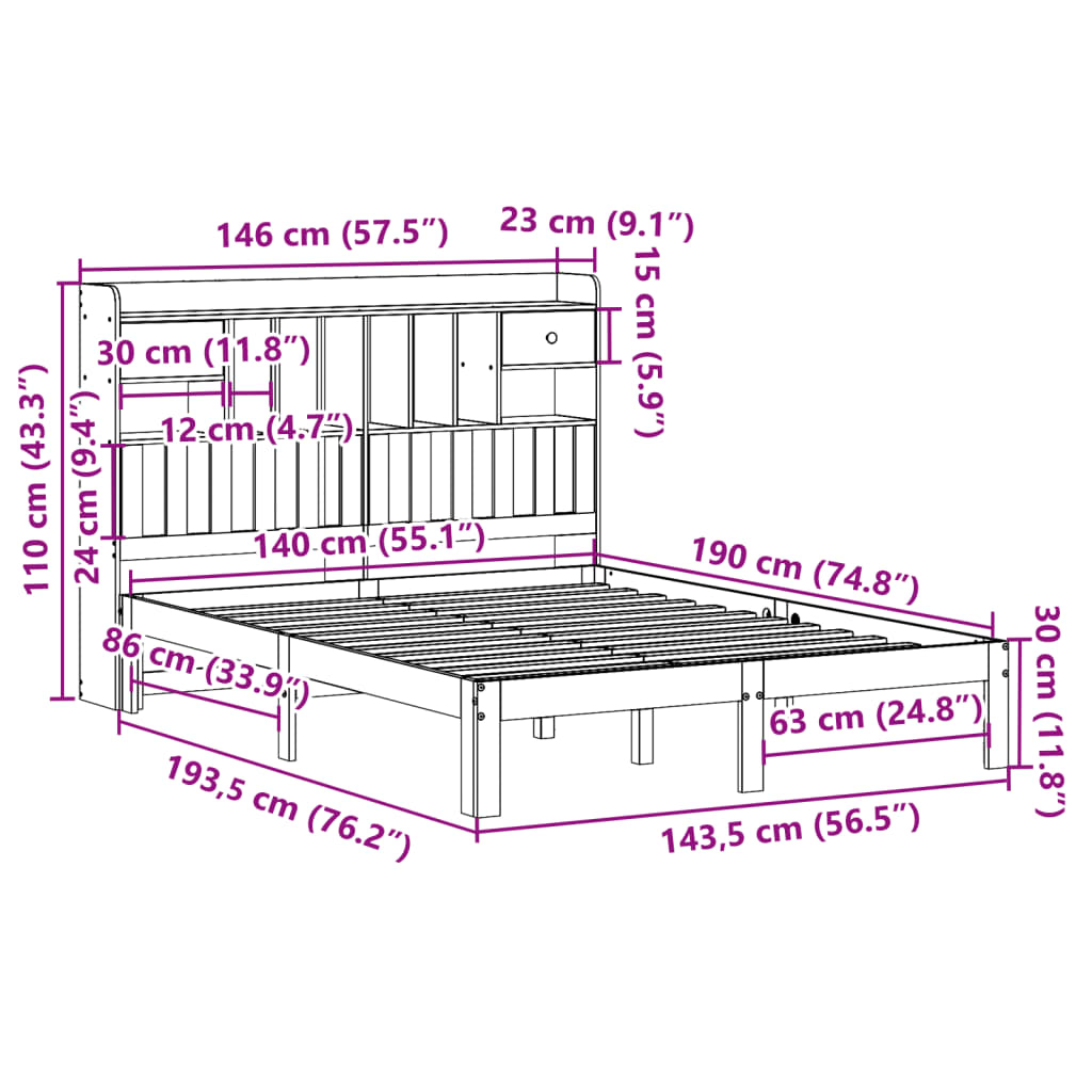 Lit bibliothèque sans matelas 140x190 cm bois de pin massif - XIOS