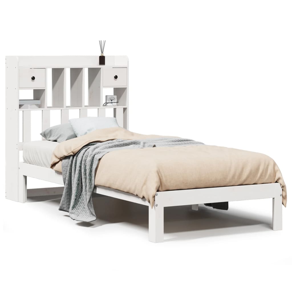 Lit bibliothèque sans matelas blanc 90x200cm bois de pin massif - XIOS