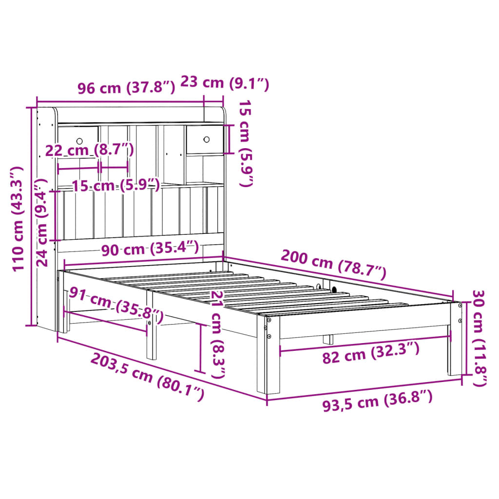 Lit bibliothèque sans matelas blanc 90x200cm bois de pin massif - XIOS