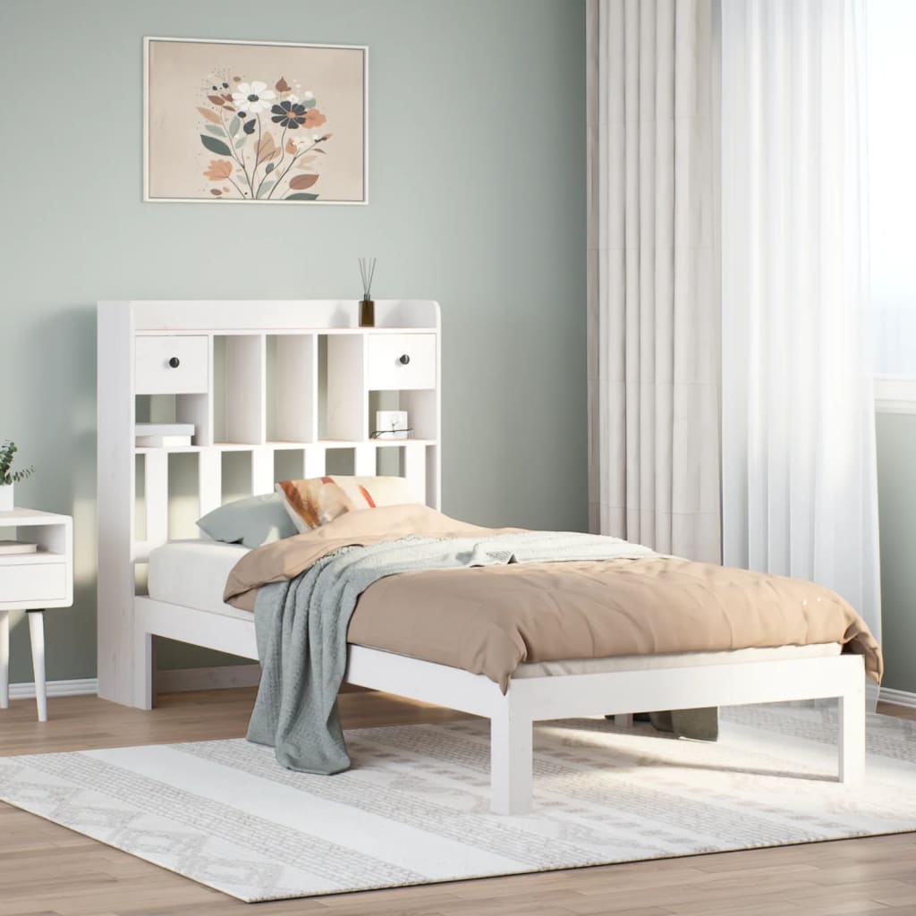 Lit bibliothèque sans matelas blanc 90x200cm bois de pin massif - XIOS