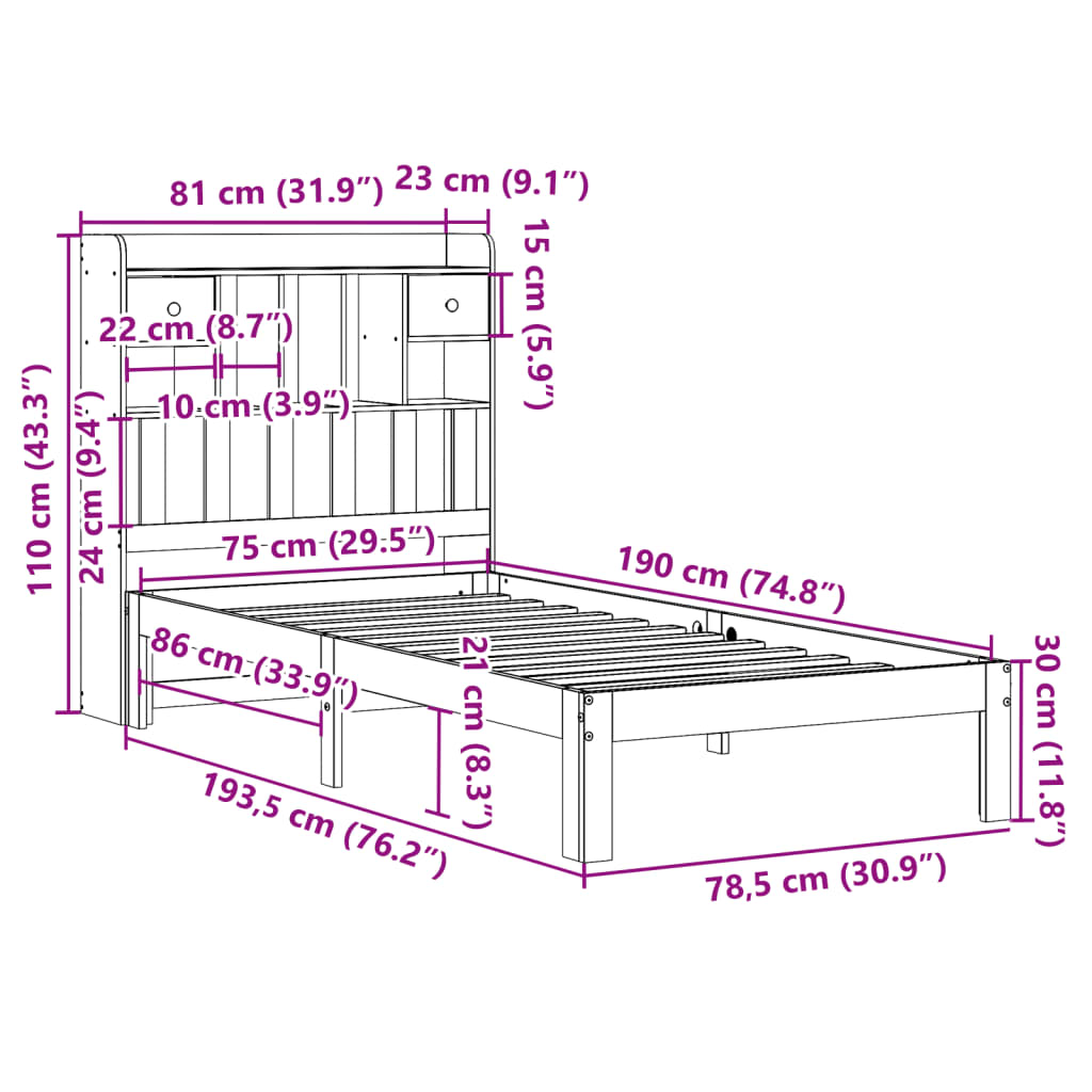 Lit bibliothèque sans matelas cire marron 75x190 cm pin massif - XIOS